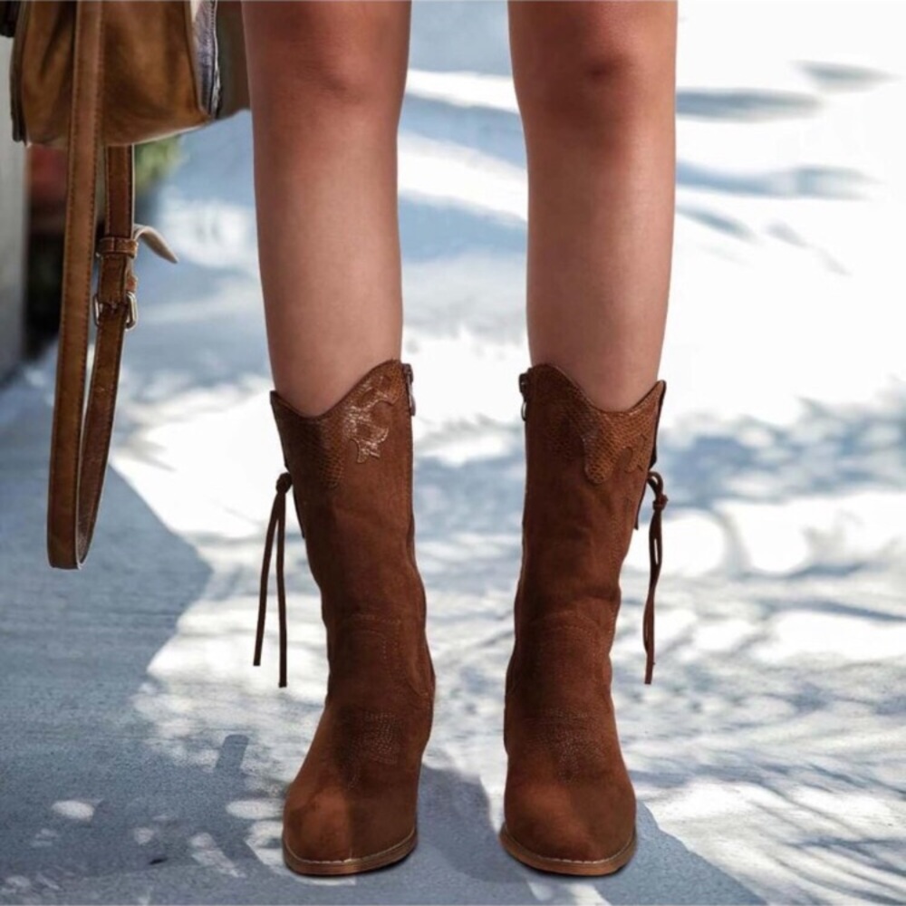 Women's Brown Western Country High Heel Boots Suede Zipper Mid Calf Booties - Picture 3 of 6